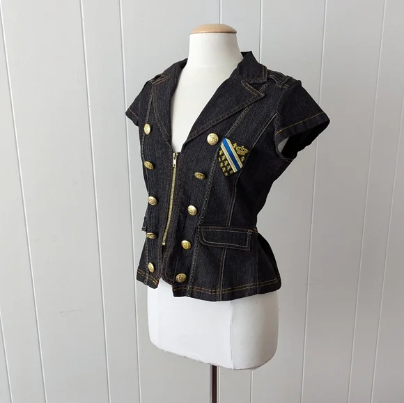 Vintage Y2K Dark Wash Denim Military Style Top by What's Hot Size M - Picture 2 of 7